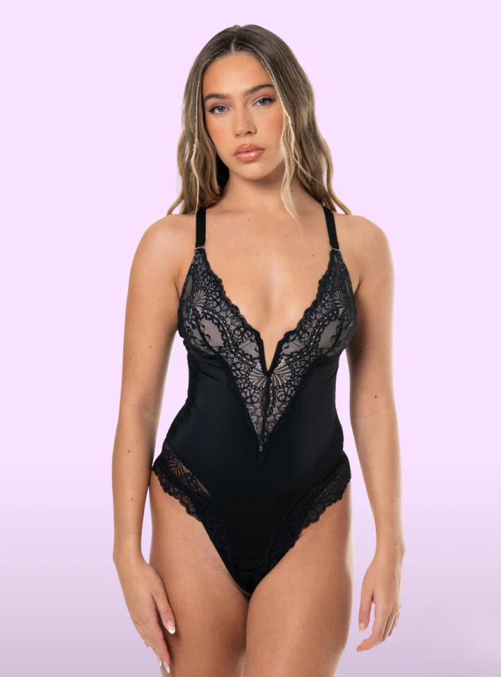Deep-V Neck Lace Thong Bodysuit
