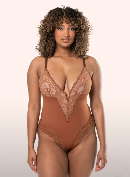 Deep-V Neck Lace Thong Bodysuit