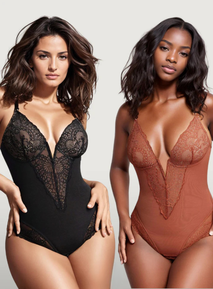 Deep-V Neck Lace Thong Bodysuit